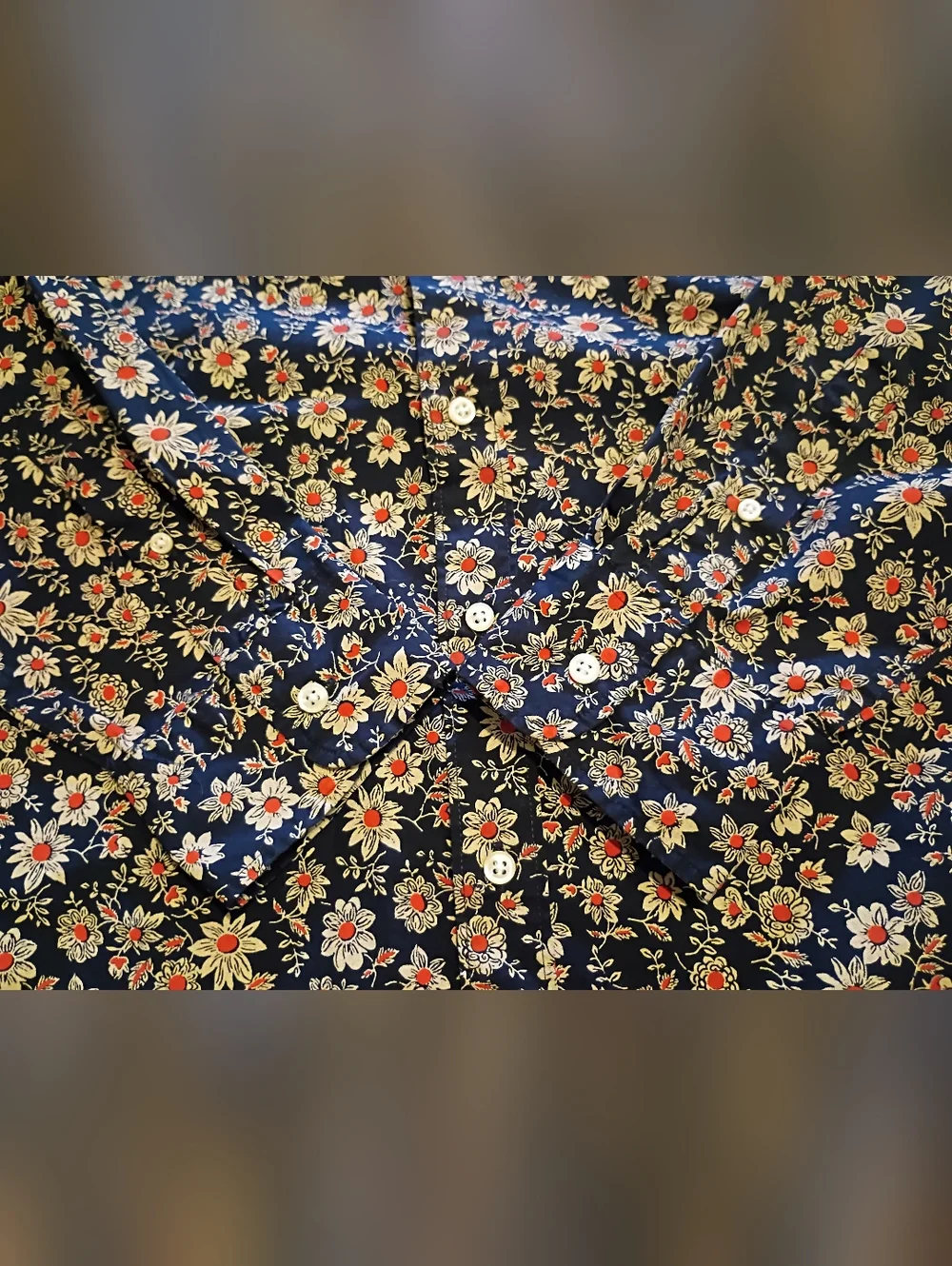 J. Crew‎ Men's Navy Floral Button-Up with Orange & Cream Blooms Sz L